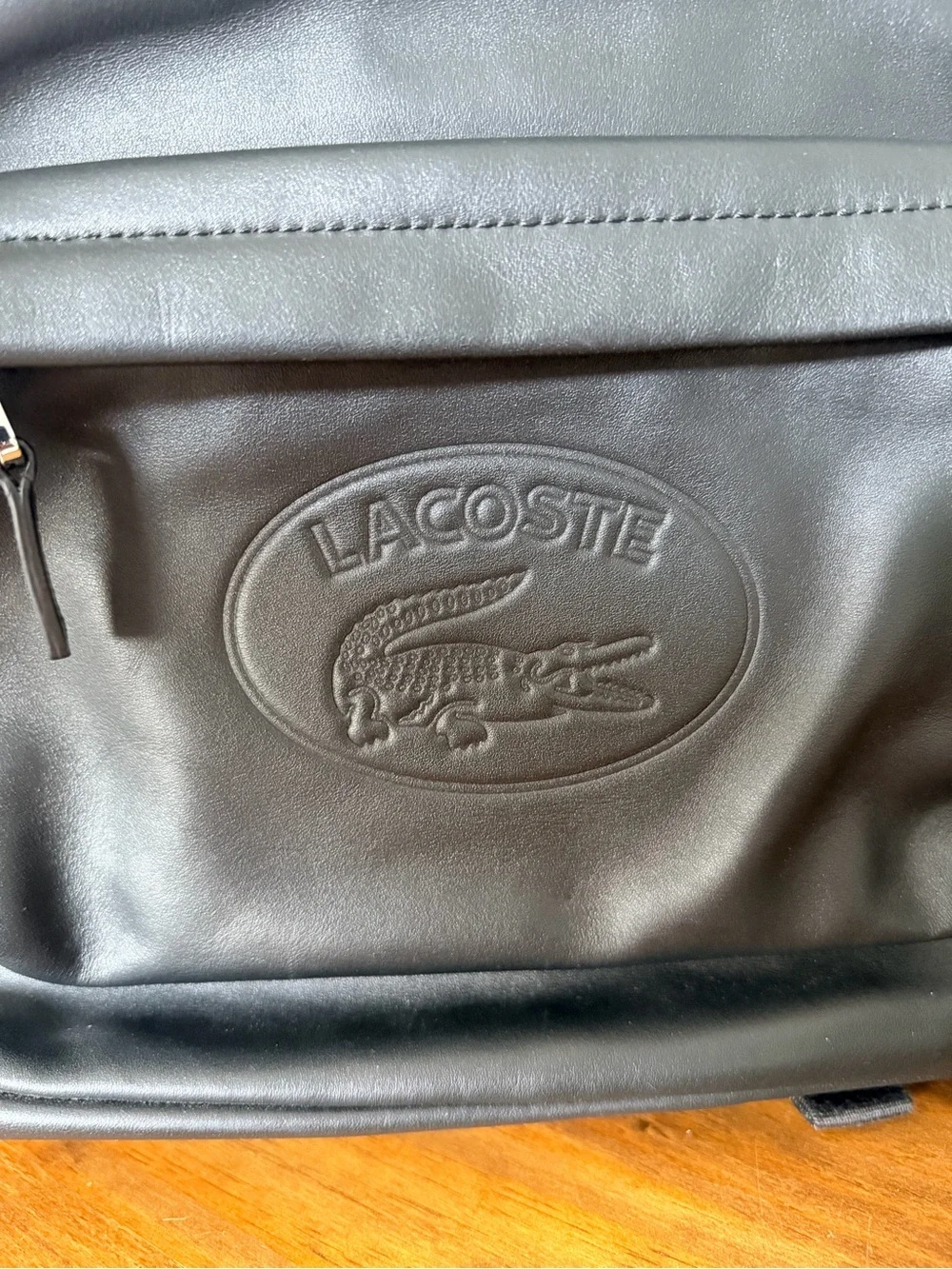 Lacoste Black Smooth Leather Backpack with Embossed Logo